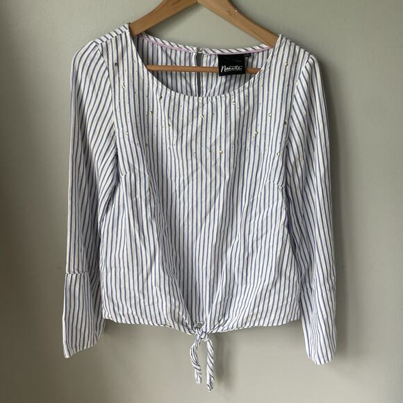 Nanette Lepore Front Tie Gold Embellished Blue White Stripe Blouse Womens Small - Picture 1 of 10